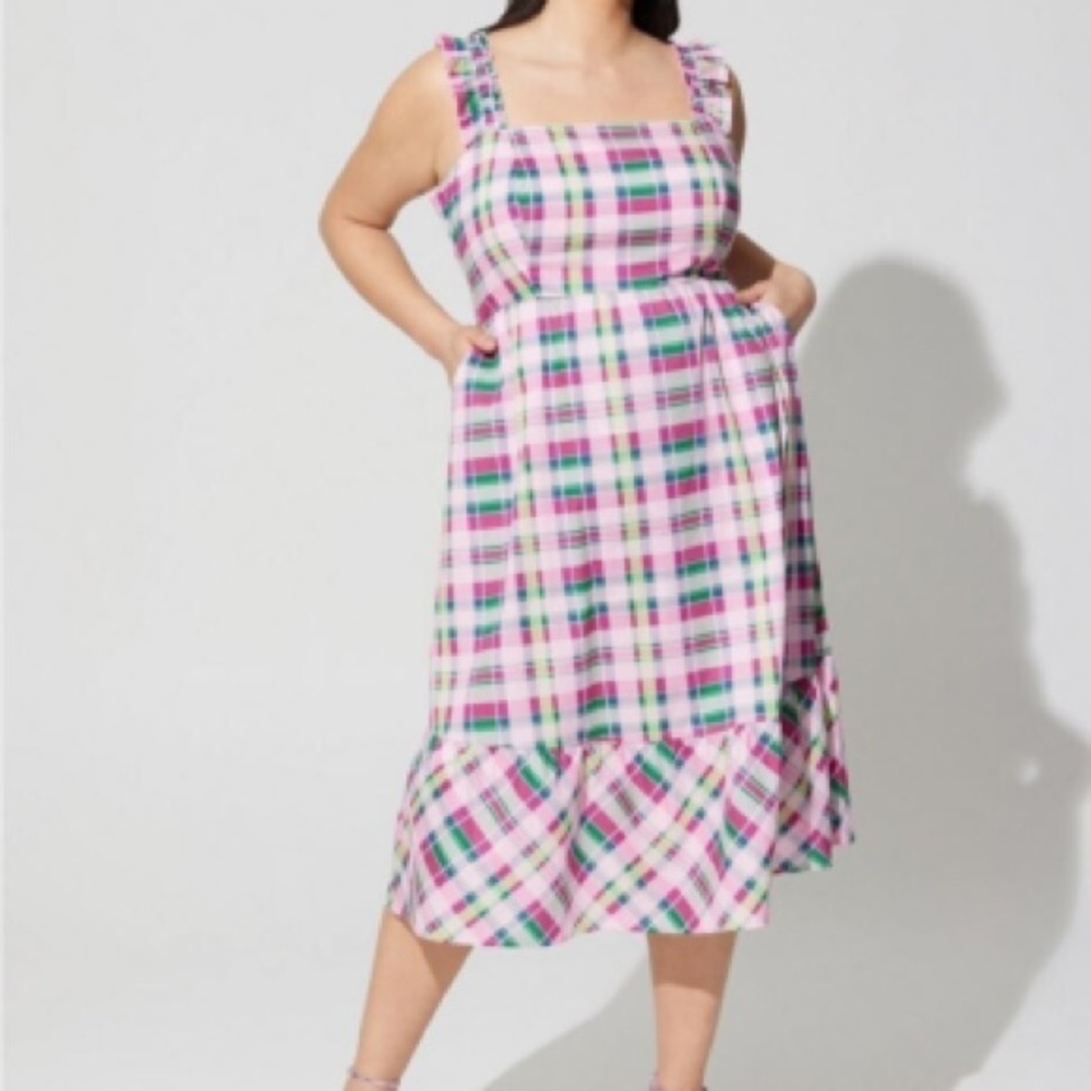 Torrid Pink Plaid Tiered Midi Dress 2